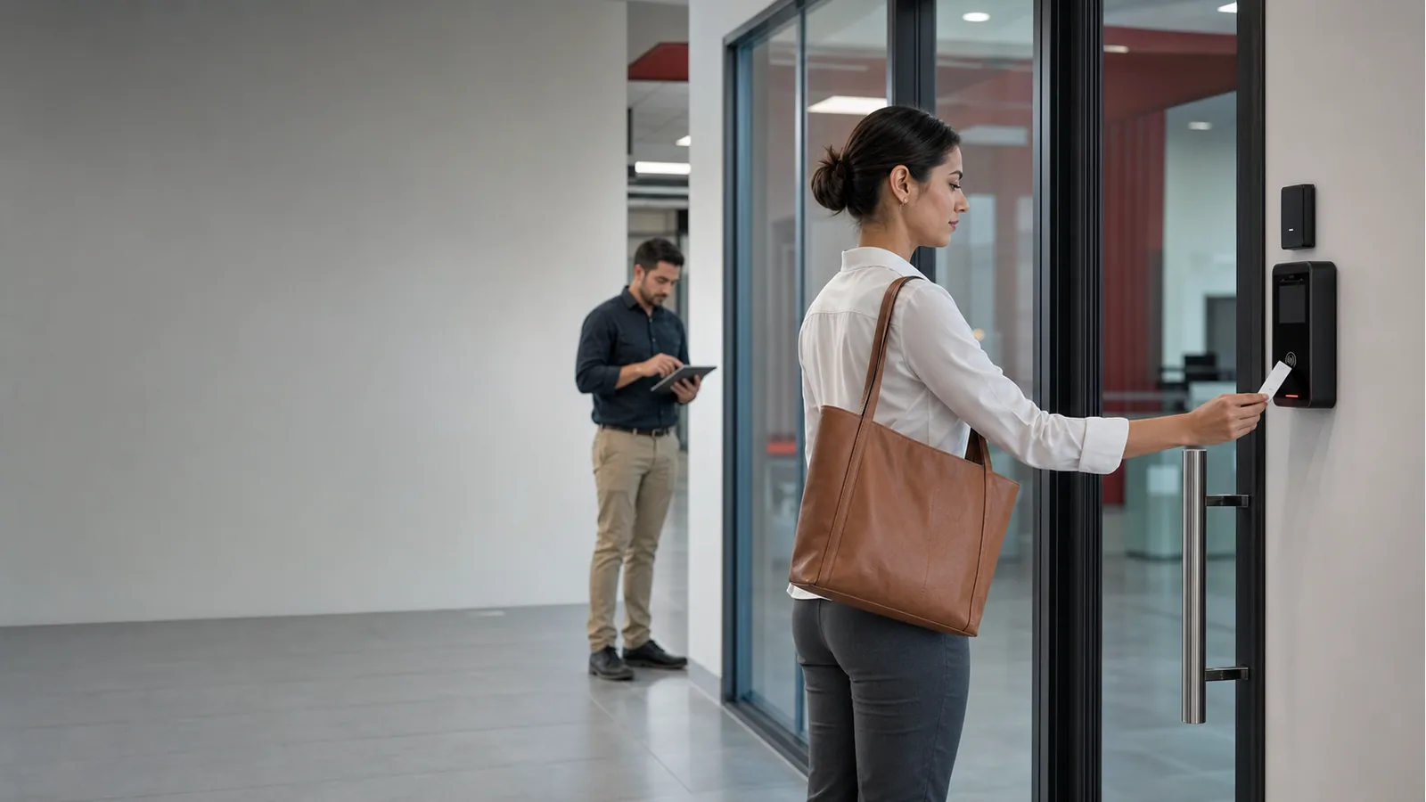 Empleado registrando su entrada en un control biométrico de asistencia en una oficina corporativa