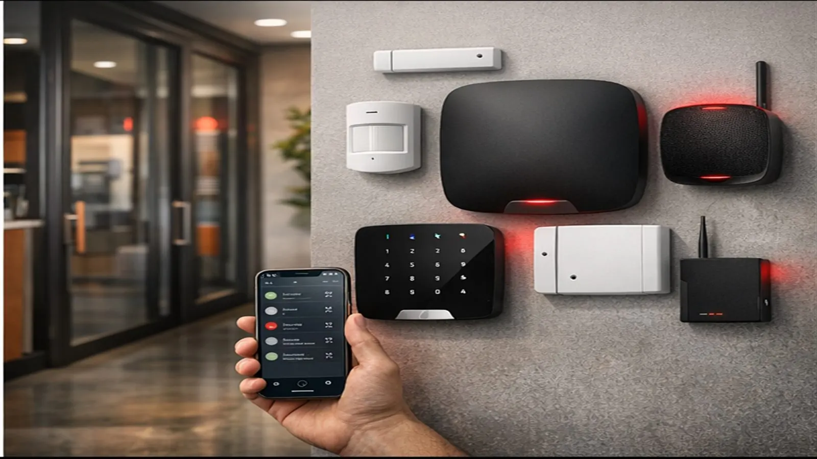 Sistema de alarma comercial con panel, teclado, sensores, sirena y comunicador 4G