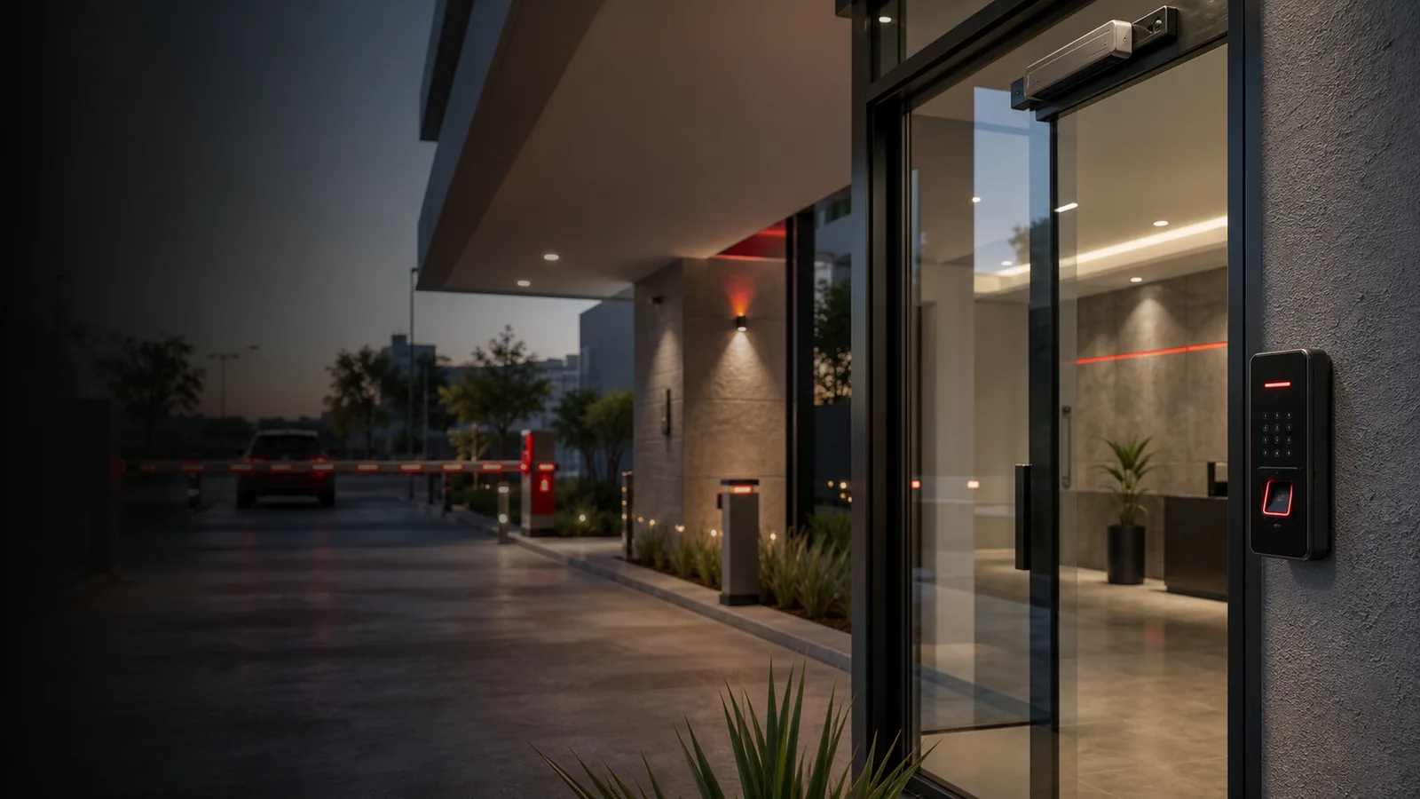 Control de acceso biométrico y RFID instalado en una puerta corporativa