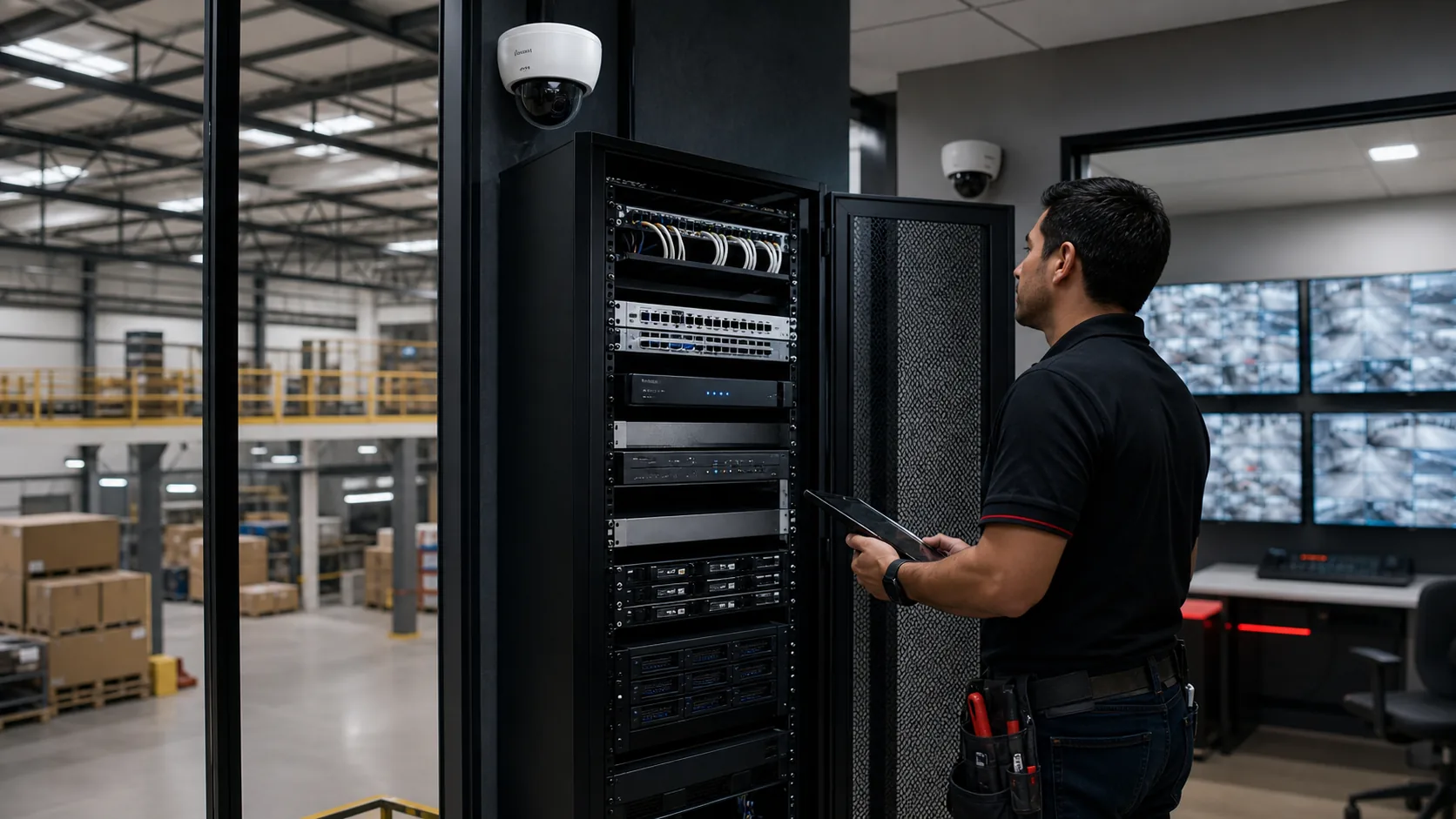 Instalación profesional de cámaras UNV con rack ordenado, NVR, VMS y revisión técnica de cobertura
