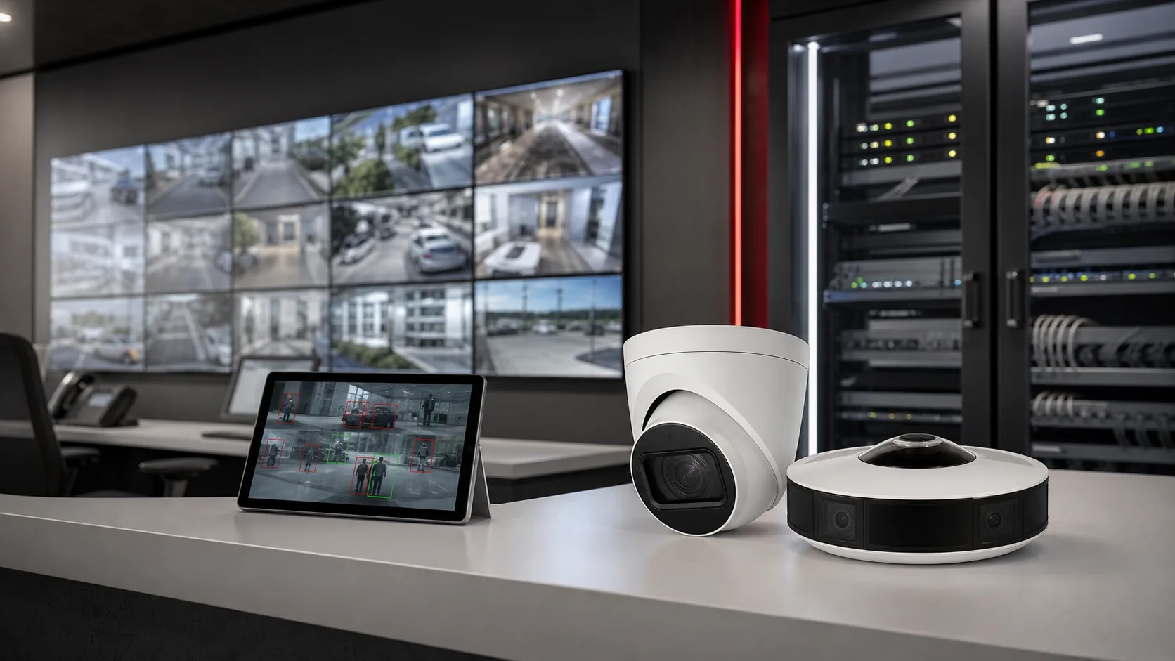 Centro de monitoreo con cámaras IP premium, analítica de video y red profesional para empresas