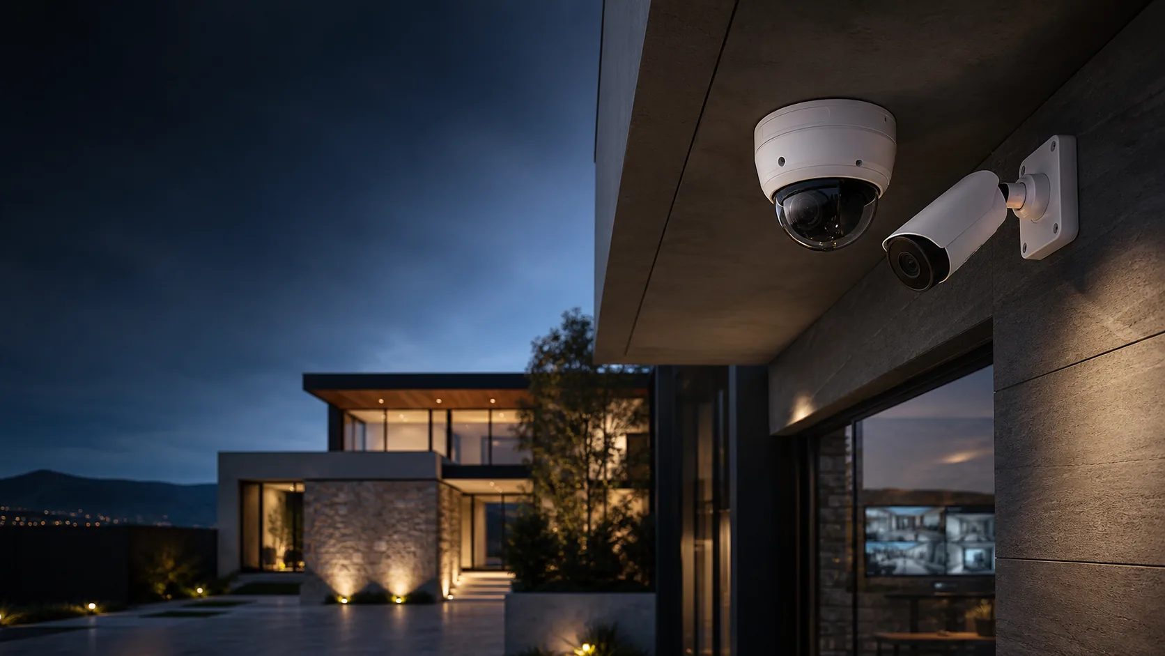 Sistema de videovigilancia IP premium instalado en residencia de alto valor con arquitectura moderna